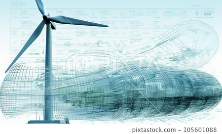 Graphic image of windmill and diagram of energy production and use on light blue background. Sustainable wind energy process. Virtual data technology. Green energy production. Mockup, illustration. 105601088
