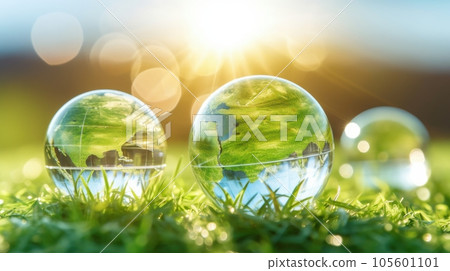 Transparent crystal spheres filled with sunlight on green grass. Glass globes with outlines of continents, symbolizing Earth. Protection of water resources concept. Environmental care. 3D rendering. 105601101