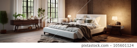 Panoramic image of a country style wooden bedroom in a luxury cottage or hotel. Comfortable large bed, commode, bedside table, panoramic window. Home decor, cozy interior. 3D rendering. Panoramic image of a country style wooden bedroom in a luxury cottage or hotel. Comfortable large bed, commode, bedside table, panoramic window. Home decor, cozy interior. 3D rendering. 105601124