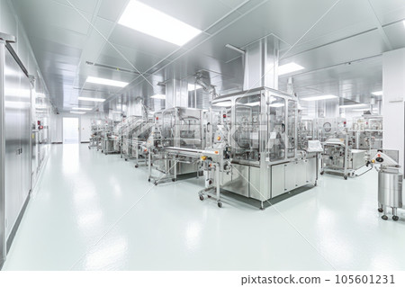 Contemporary drug production workshop interior. Spacy bright sterile room, facility with modern industrial machinery. Manufacturing process: pharmaceutics, semiconductors, biotechnology. 3D rendering. 105601231
