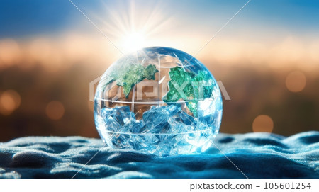 Transparent crystal sphere filled with sunlight on a snow. Glass globe with outlines of continents, symbolizing Earth. Protection of water resources concept. Environmental care. 3D rendering. 105601254