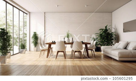 Interior of modern minimalist white living room with dining area. Comfortable sofa, wooden dining table with chairs, houseplants in pots, flat TV on the wall, wooden floor. Mockup, 3D rendering. 105601295