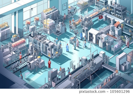 3D mockup illustration of contemporary high-tech production workshop. Facility with modern industrial machinery and conveyors. Manufacturing process: pharmaceutics, semiconductors, biotechnology. 105601296