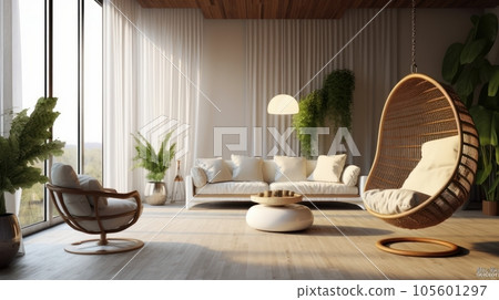 Cozy modern living room interior. Boho style hanging wicker egg chair with cushions, stylish couch, coffee table, green plants, wall decor add a bohemian chic to the bright room. Mockup, 3D rendering. Cozy modern living room interior. Boho style hanging wicker egg chair with cushions, stylish couch, coffee table, green plants, wall decor add a bohemian chic to the bright room. Mockup, 3D rendering. 105601297