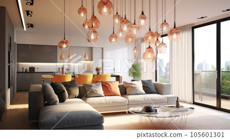 Several glass globe-shaped pendant lights above a sofa in a cozy living room. Elegant modern interior design with an emphasis on lighting. Mockup, 3D rendering. Several glass globe-shaped pendant lights above a sofa in a cozy living room. Elegant modern interior design with an emphasis on lighting. Mockup, 3D rendering. 105601301