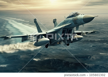 Air force fighter flying over the ocean, beautiful sunset on the background. Jet military aircraft patrols territory, makes a training flight. Close up aerial view. 3D rendering. Air force fighter flying over the ocean, beautiful sunset on the background. Jet military aircraft patrols territory, makes a training flight. Close up aerial view. 3D rendering. 105601302