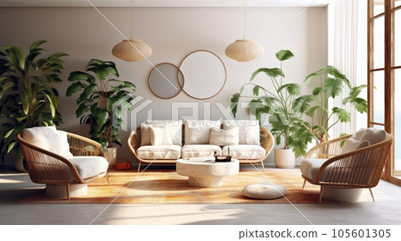 Cozy modern living room interior. Boho style wicker armchairs and couch with cushions, coffee table, green plants in pots, wall decor add bohemian chic to the bright room. Mockup, 3D rendering. Cozy modern living room interior. Boho style wicker armchairs and couch with cushions, coffee table, green plants in pots, wall decor add bohemian chic to the bright room. Mockup, 3D rendering. 105601305
