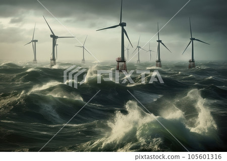 Offshore wind farms in the middle of a stormy northern sea. Beautiful gloomy seascape with the wind generators. Sustainable green energy concept. 3D rendering. 105601316