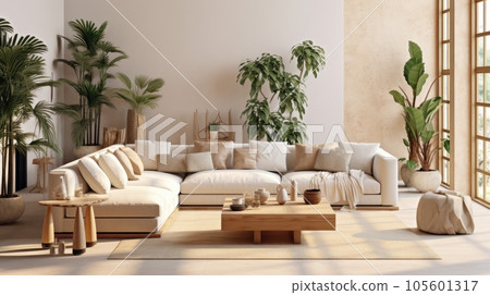 Cozy elegant minimalist living room interior in natural colors. Comfortable corner couch with cushions, many houseplants, wooden coffee table, rug on the floor, home decor. 3D rendering. Cozy elegant minimalist living room interior in natural colors. Comfortable corner couch with cushions, many houseplants, wooden coffee table, rug on the floor, home decor. 3D rendering. 105601317