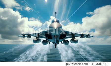 F-16 air force fighter flying over the ocean, cloudy blue sky on the background. Jet military aircraft patrols territory, makes a training flight. Close up aerial view. 3D rendering. F-16 air force fighter flying over the ocean, cloudy blue sky on the background. Jet military aircraft patrols territory, makes a training flight. Close up aerial view. 3D rendering. 105601318