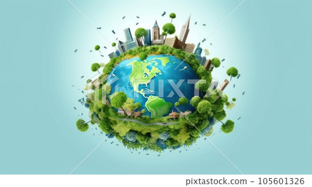 Symbolic image of the globe with elements of human activity and nature. Environment, save clean planet, ecology concept. Saving nature for future generations. Earth Day banner with copy space. Symbolic image of the globe with elements of human activity and nature. Environment, save clean planet, ecology concept. Saving nature for future generations. Earth Day banner with copy space. 105601326