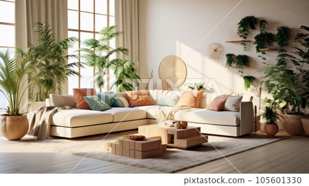Cozy elegant boho style living room interior in natural colors. Comfortable corner couch with cushions, many houseplants, elegant coffee table, rug on wooden floor, home decor. 3D rendering. 105601330