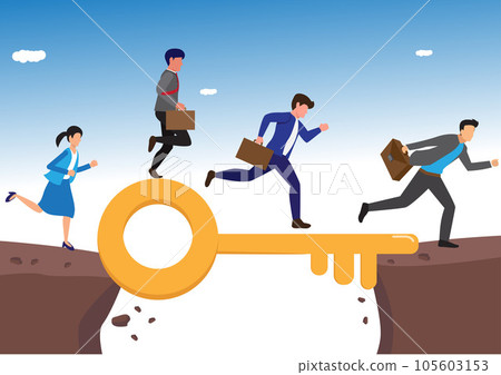 Key success, solution to solve problem and overcome obstacle, link or connect bridge to help achieve success, resolution method or resolve concept, business people walk on key success cross the gap. 105603153