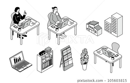進行遠程工作的人的等距簡單插圖集 進行遠程工作的人的等距簡單插圖集 105603815