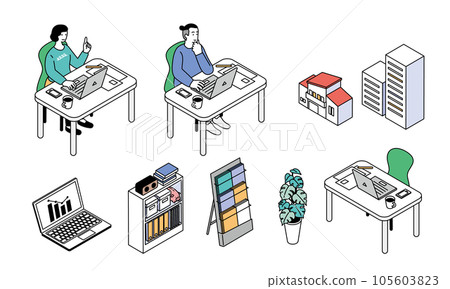 進行遠程工作的人的等距簡單插圖集 105603823
