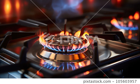 gas stove in modern kitchen with the flame 105603957