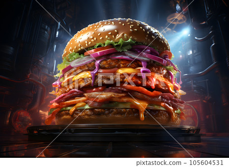 Big tasty hamburger with red and yellow sauce on dark background. 3d rendering 105604531