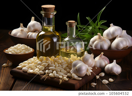 Garlic, olive oil, garlic cloves and basil on wooden table 105604532