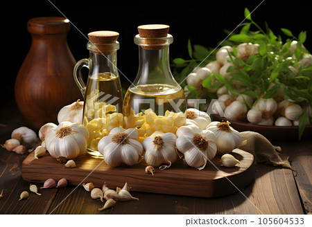 Garlic, olive oil, garlic cloves and basil on wooden table 105604533