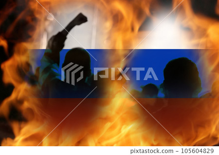 Civil war in Russia concept. PMK Wagner against the Russian army. Prigozhin against Putin. Flag. Protesters in moscow region. Fire and flame 105604829