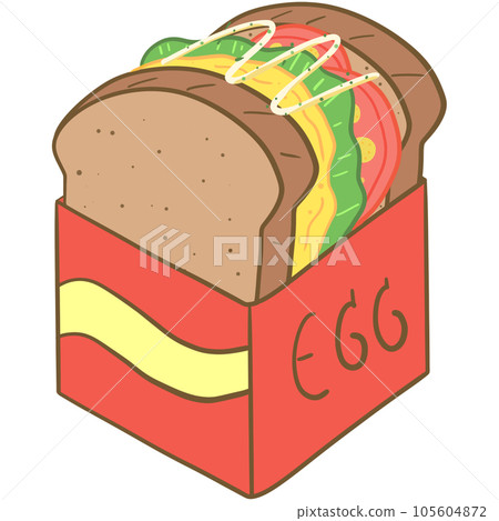 Delicious sandwich, filled with vegetables, meat, bacon. In cartoon style 105604872