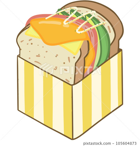 Delicious sandwich, filled with vegetables, meat, bacon. In cartoon style 105604873