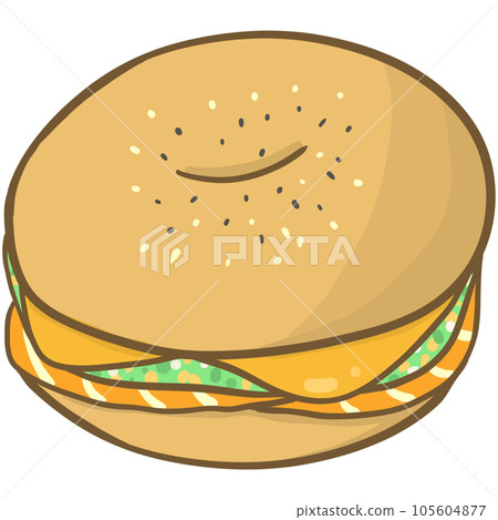 Delicious sandwich, filled with vegetables, meat, bacon. In cartoon style Delicious sandwich, filled with vegetables, meat, bacon. In cartoon style 105604877