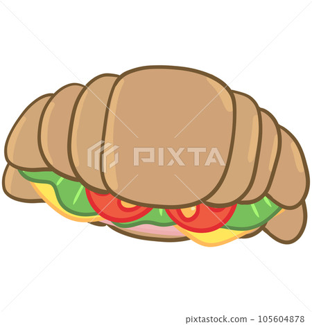 Delicious sandwich, filled with vegetables, meat, bacon. In cartoon style 105604878