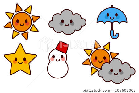 一組微笑的天氣圖標（太陽、雲、雨傘、星星、雪人、陰天有時晴） 105605005