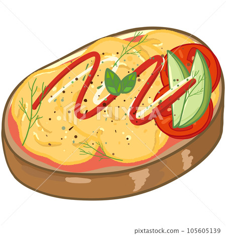 Delicious open sandwich, filled with vegetables, meat. In cartoon style 105605139