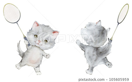 Little fluffy grey kitten badminton player holding racket watercolor illustration. White background, isolated. pet cat cartoon for kids, posters, stickers, textile, sports Little fluffy grey kitten badminton player holding racket watercolor illustration. White background, isolated. pet cat cartoon for kids, posters, stickers, textile, sports 105605959
