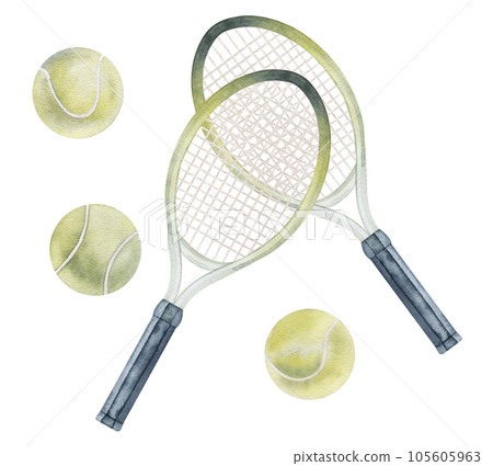 Sports equipment set, shuttlecock, tennis ball. Watercolor illustration on a white isolated background. Athletic lifestyle, sport design. Clipart 105605963
