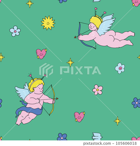 Beautiful vector kid seamless pattern with cute hand drawn little putti angels with flowers and hearts. Stock illustration. Beautiful vector kid seamless pattern with cute hand drawn little putti angels with flowers and hearts. Stock illustration. 105606018