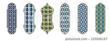 Islamic window shape with color mashrabiya pattern. Arabic door frame. Islamic arhitecture elements of window and door and color mashrabiya pattern. 105606167
