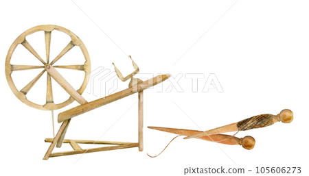 Hand drawn watercolor spinning wheel and spindle with indigo dyed thread for hobby, handcraft. Illustration isolated object composition on white background. Shop logo print, website, card, booklet. 105606273
