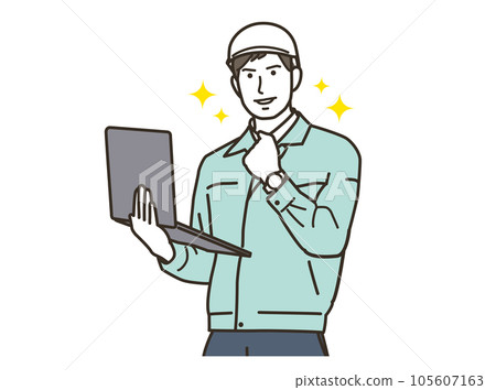 A male worker holding a PC and doing a guts pose A male worker holding a PC and doing a guts pose 105607163