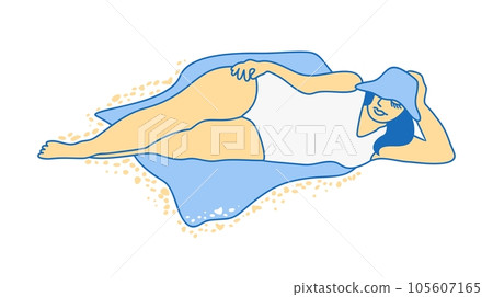 Sunbathing. Woman in panama and swimsuit lying on a blanket in the sand. Vector doodle isolated illustration. 105607165