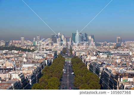 Aerial view of the Avenue de la Grande Armee and the financial district of La Defense in Paris Aerial view of the Avenue de la Grande Armee and the financial district of La Defense in Paris 105607368