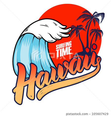 Hawaii. Emblem template with sea waves and palms. Design element for poster, card, banner, sign, emblem. Vector illustration 105607429