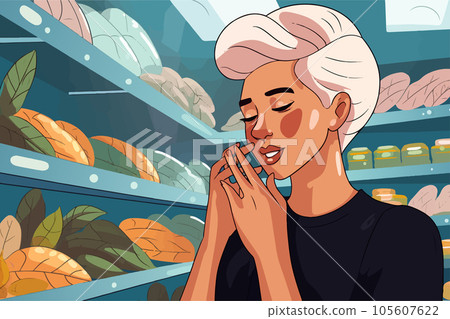 Supermarket female customer next to shelves with vegetables trying to remember what to buy. Young woman working in a grocery store feeling tired. Supermarket female customer next to shelves with vegetables trying to remember what to buy. Young woman working in a grocery store feeling tired. 105607622