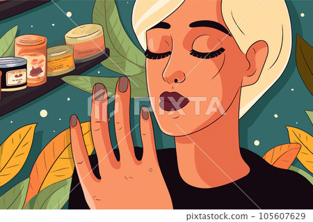 Young pretty woman in a cosmetics store testing a beauty product on her hand and smelling the scent with her eyes closed. Supermarket female customer next to a shelf with canned food trying to 105607629