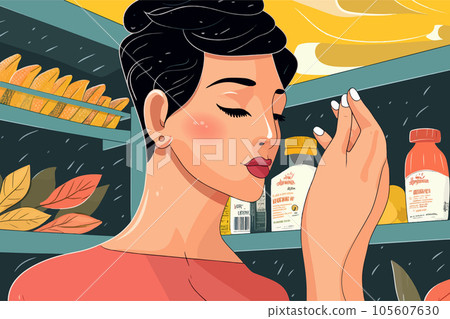 Young pretty woman in a cosmetics store testing a beauty product on her hand and smelling the scent with her eyes closed. Supermarket female customer next to shelves with bottles trying to remember Young pretty woman in a cosmetics store testing a beauty product on her hand and smelling the scent with her eyes closed. Supermarket female customer next to shelves with bottles trying to remember 105607630