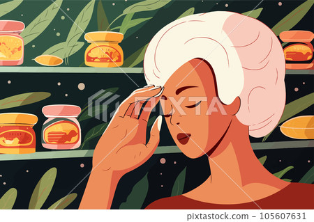 Supermarket female customer next to shelves with jars trying to remember what to buy. Young pretty sales woman in a store tired of working 105607631