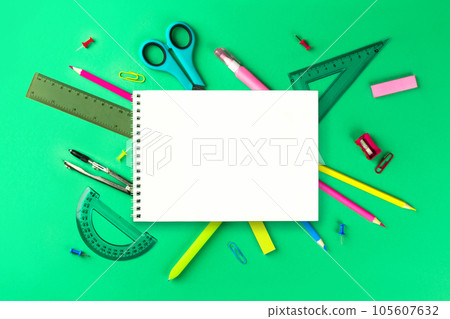 Flat lay composition with school supplies. composition with colorful stationery and whitenotebook, copy space. Back top school concept. Top view, overhead. Flat lay composition with school supplies. composition with colorful stationery and whitenotebook, copy space. Back top school concept. Top view, overhead. 105607632