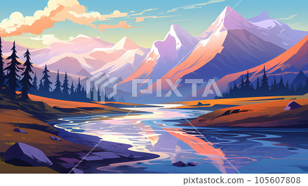 手绘卡通唯美的户外风景插画 105607808