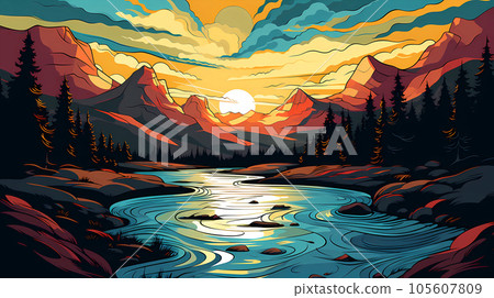 手绘卡通唯美的户外风景插画 105607809