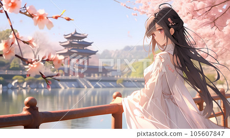 Hand drawn cartoon beautiful ancient costume anime girl illustration 105607847