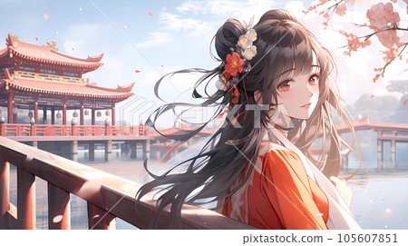 Hand drawn cartoon beautiful ancient costume anime girl illustration 105607851