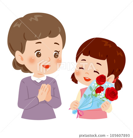 A girl who presents a bouquet to a middle-aged woman A girl who presents a bouquet to a middle-aged woman 105607893