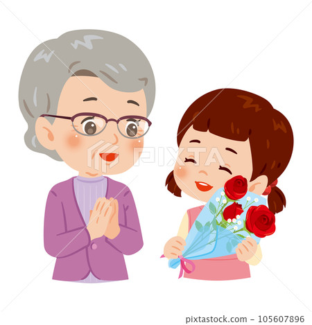 Girl giving a bouquet to an elderly woman Girl giving a bouquet to an elderly woman 105607896